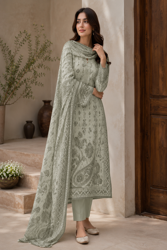 Unstitched sage green premium 3 piece lawn suit with printed shirt, matching trouser and elegant dupatta for women in Pakistan