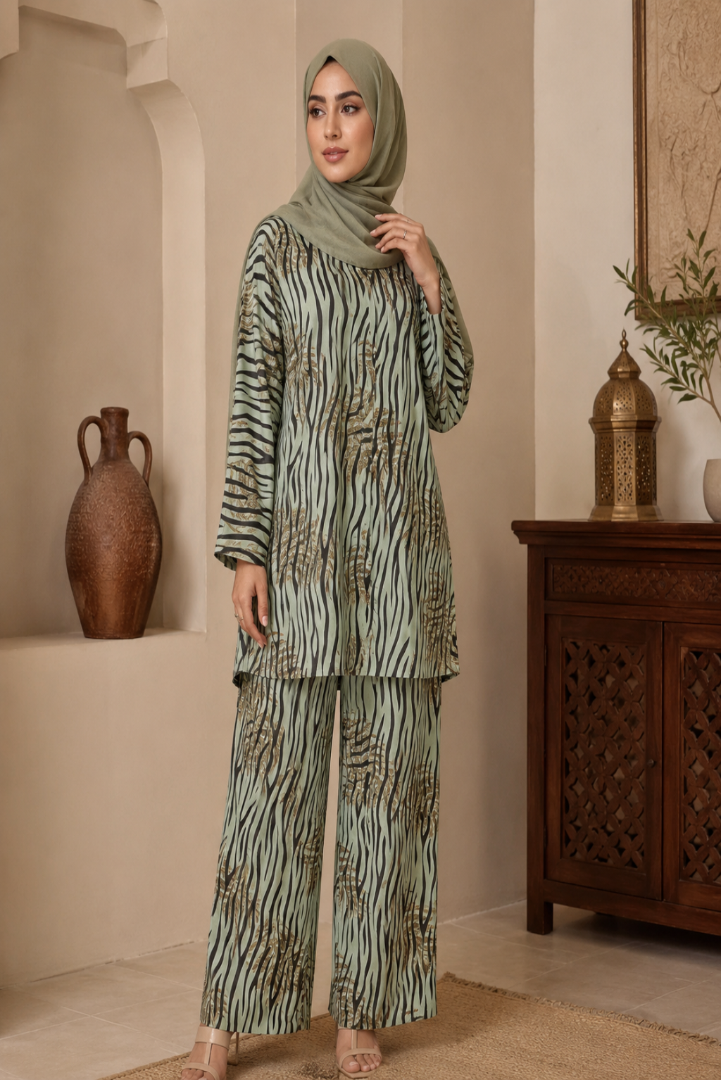 Woman wearing a green and black zebra print outfit in a room with decorative elements.
