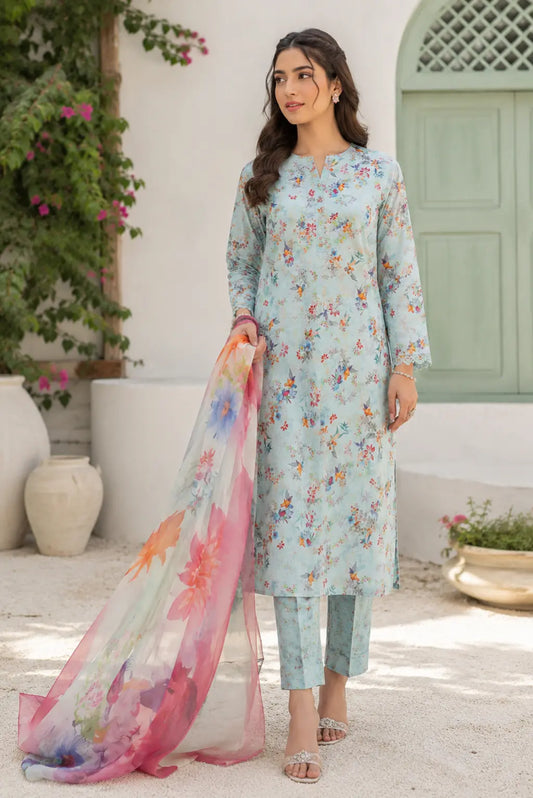 Sky Bloom unstitched 3 piece premium lawn suit with floral printed shirt, matching trouser and pure chiffon dupatta front view