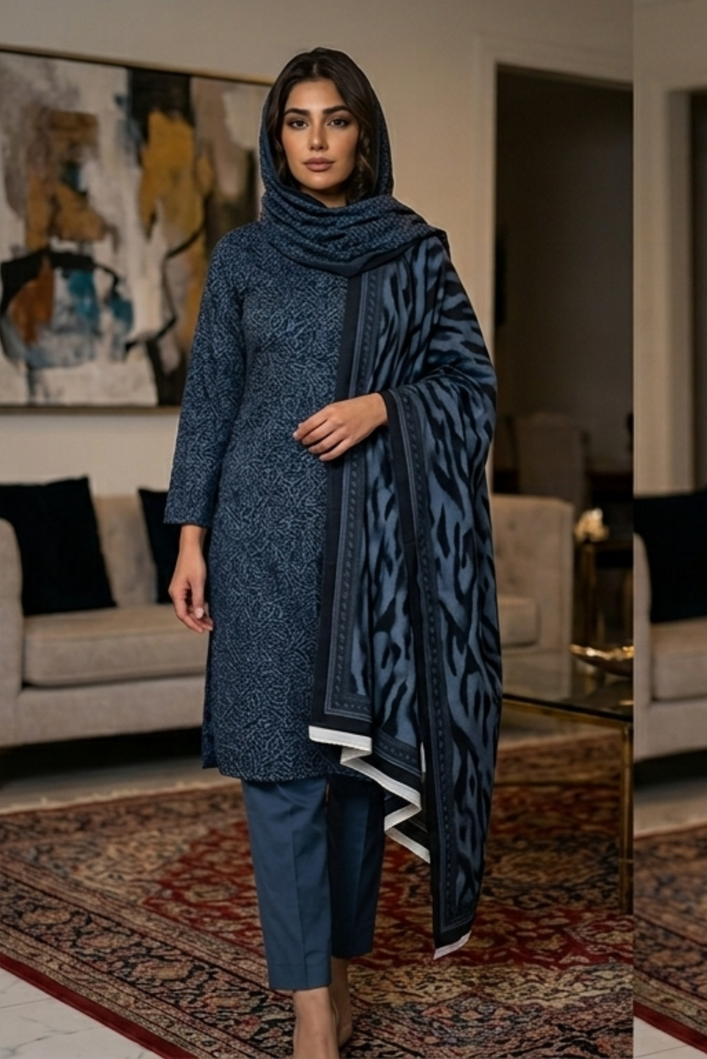 Woman wearing a blue patterned outfit in a living room setting
