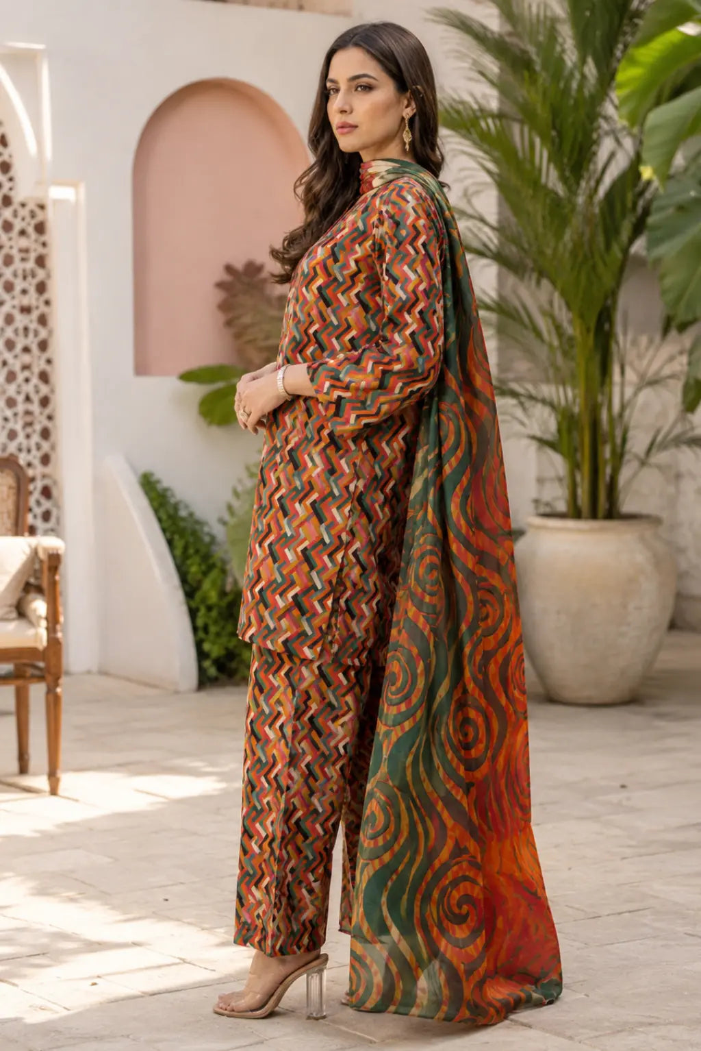 Women's premium unstitched summer lawn suit in amber, rust and olive colours with printed shirt, trouser and krinkle dupatta