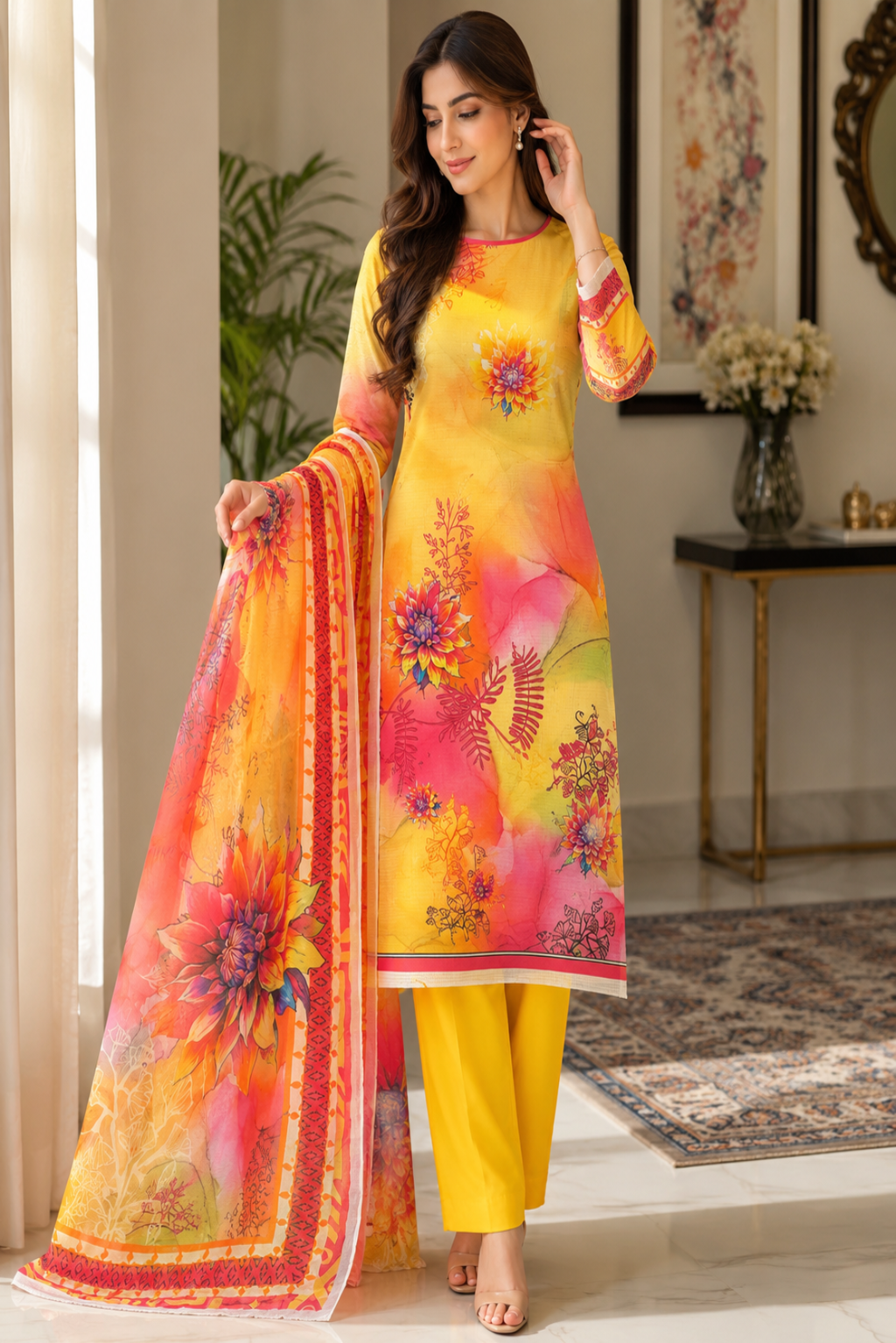 Woman wearing a yellow and pink floral outfit in a decorated room.