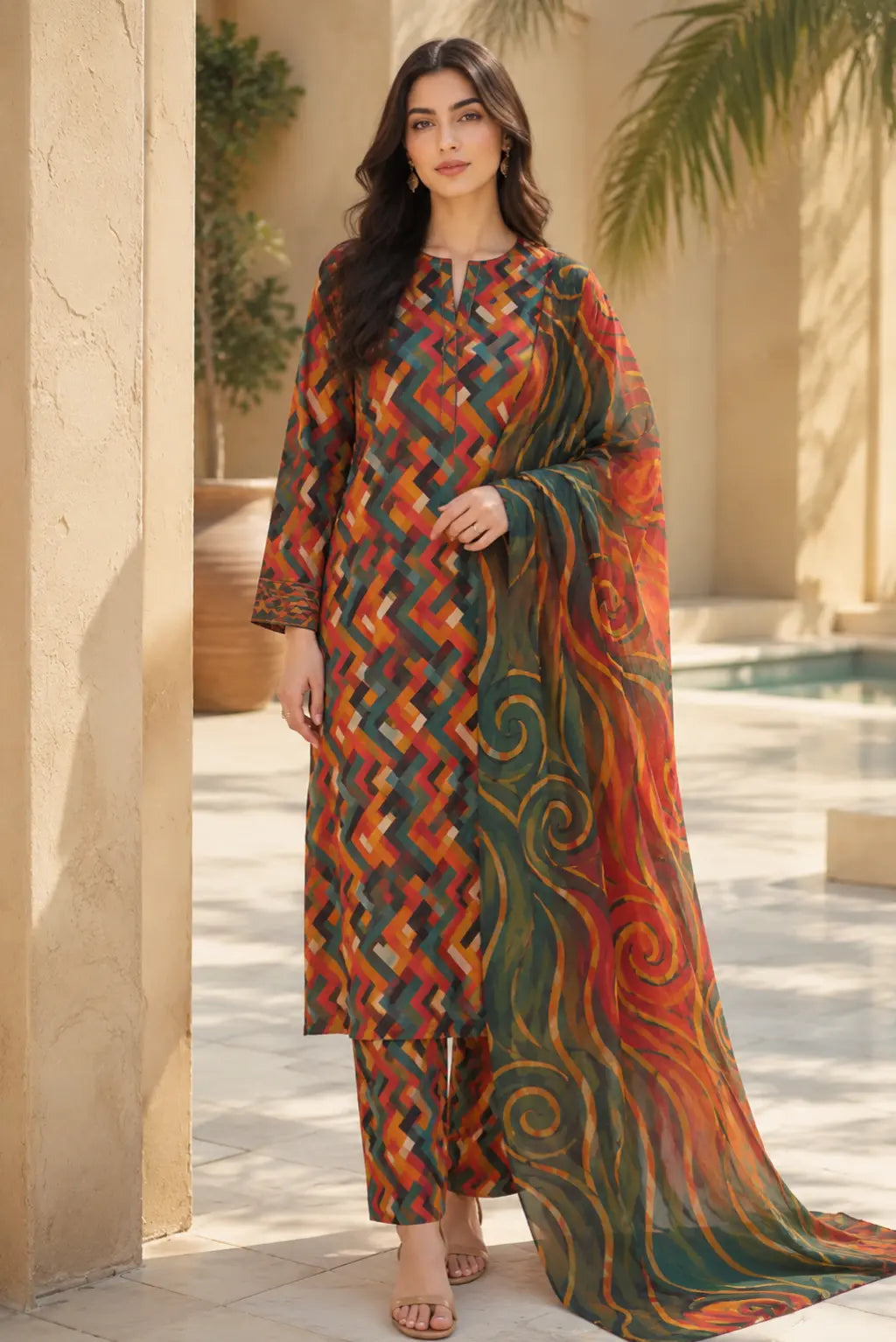 Unstitched amber mosaic premium 3 piece lawn suit with printed shirt, matching trouser and printed krinkle dupatta for women in Pakistan