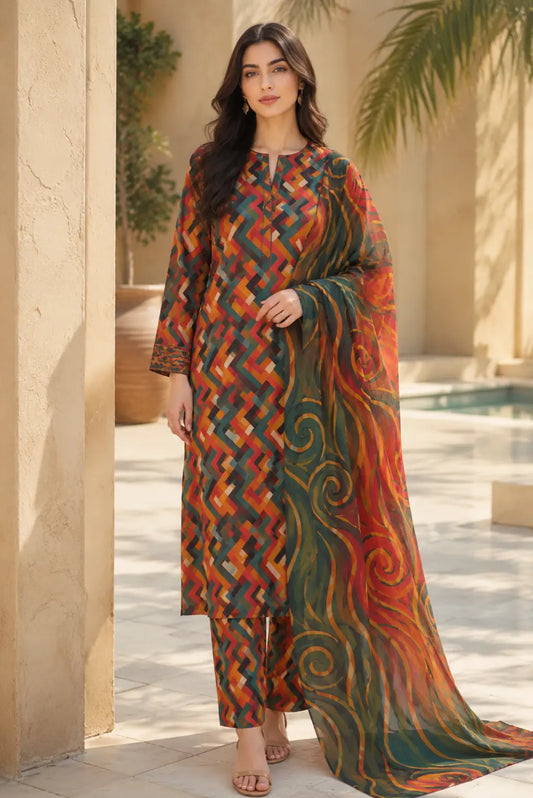 Unstitched amber mosaic premium 3 piece lawn suit with printed shirt, matching trouser and printed krinkle dupatta for women in Pakistan
