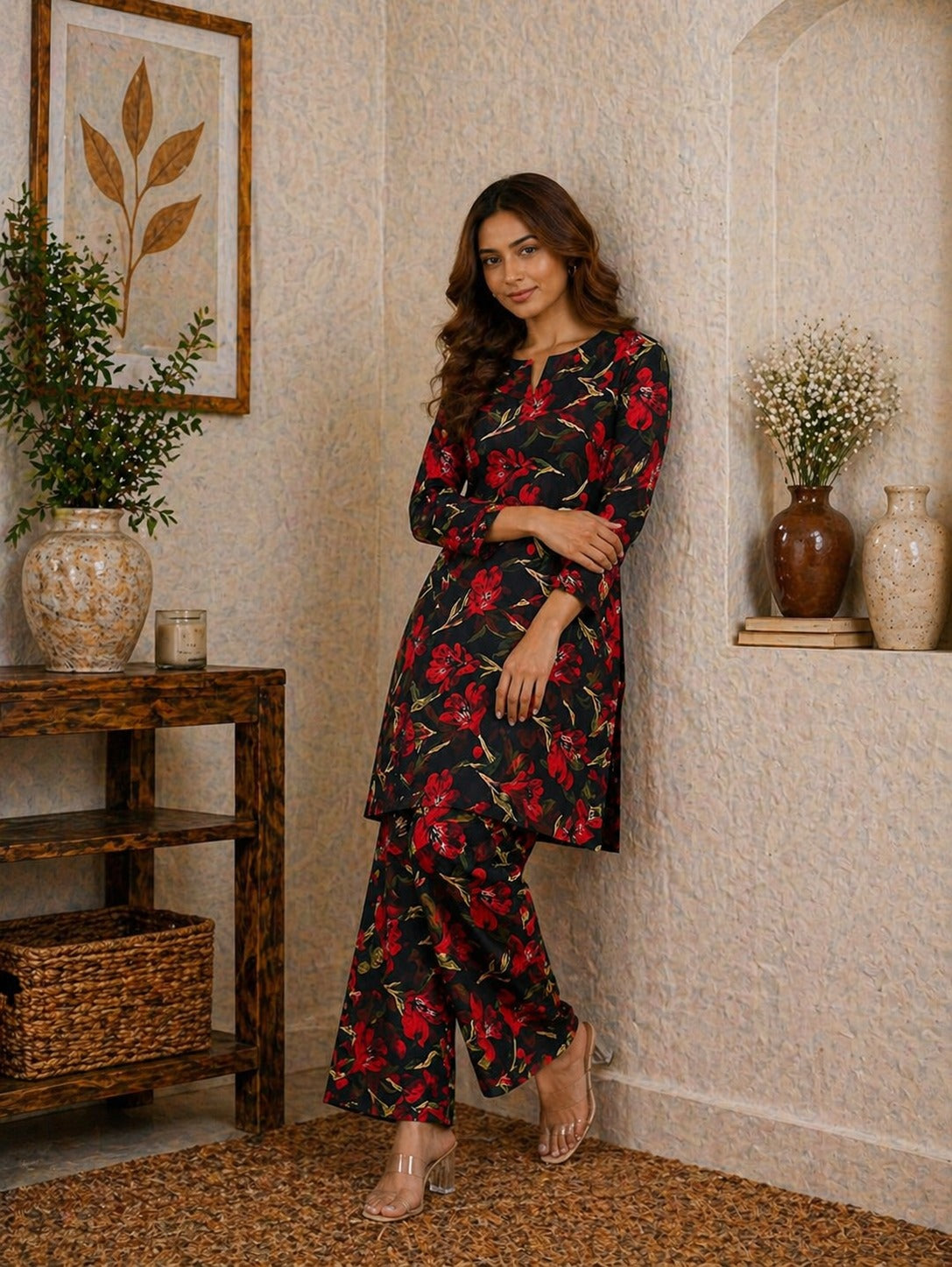 Unstitched black floral premium 2 piece Pakistani lawn suit with elegant red flower print and matching trousers
