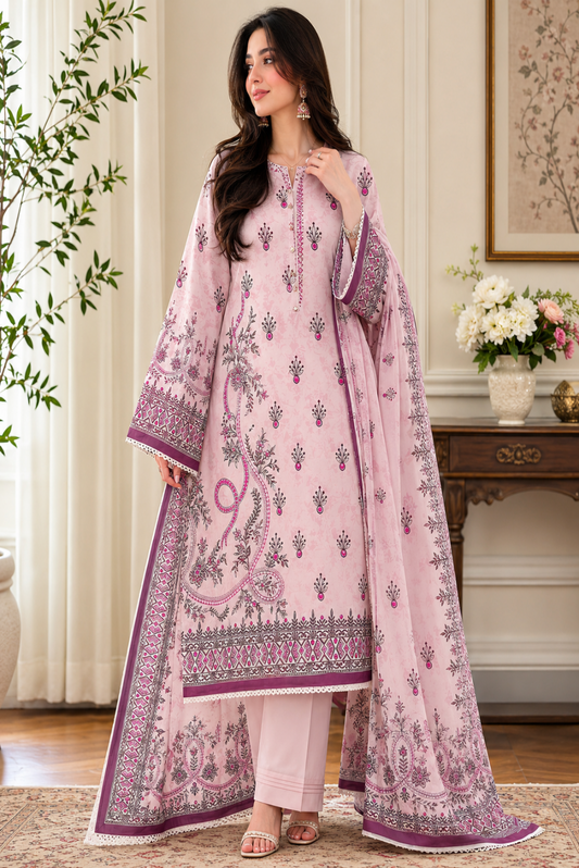 Woman wearing a pink and purple embroidered traditional outfit in a decorated room.