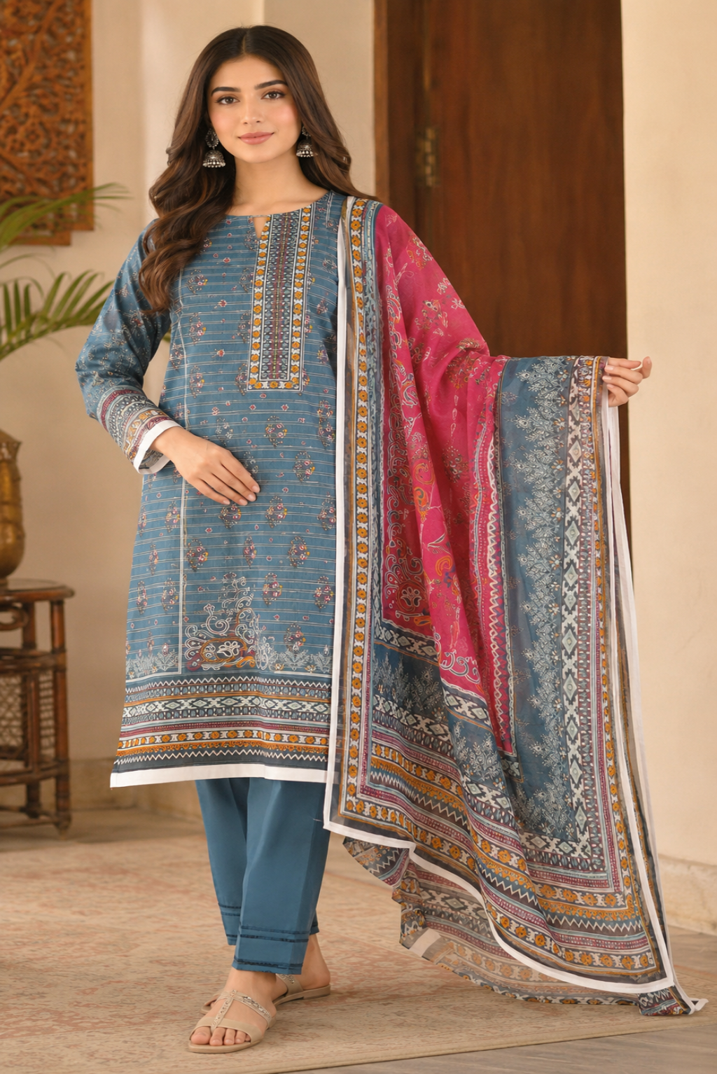 Woman holding a traditional outfit with a blue and pink dupatta in a home setting.