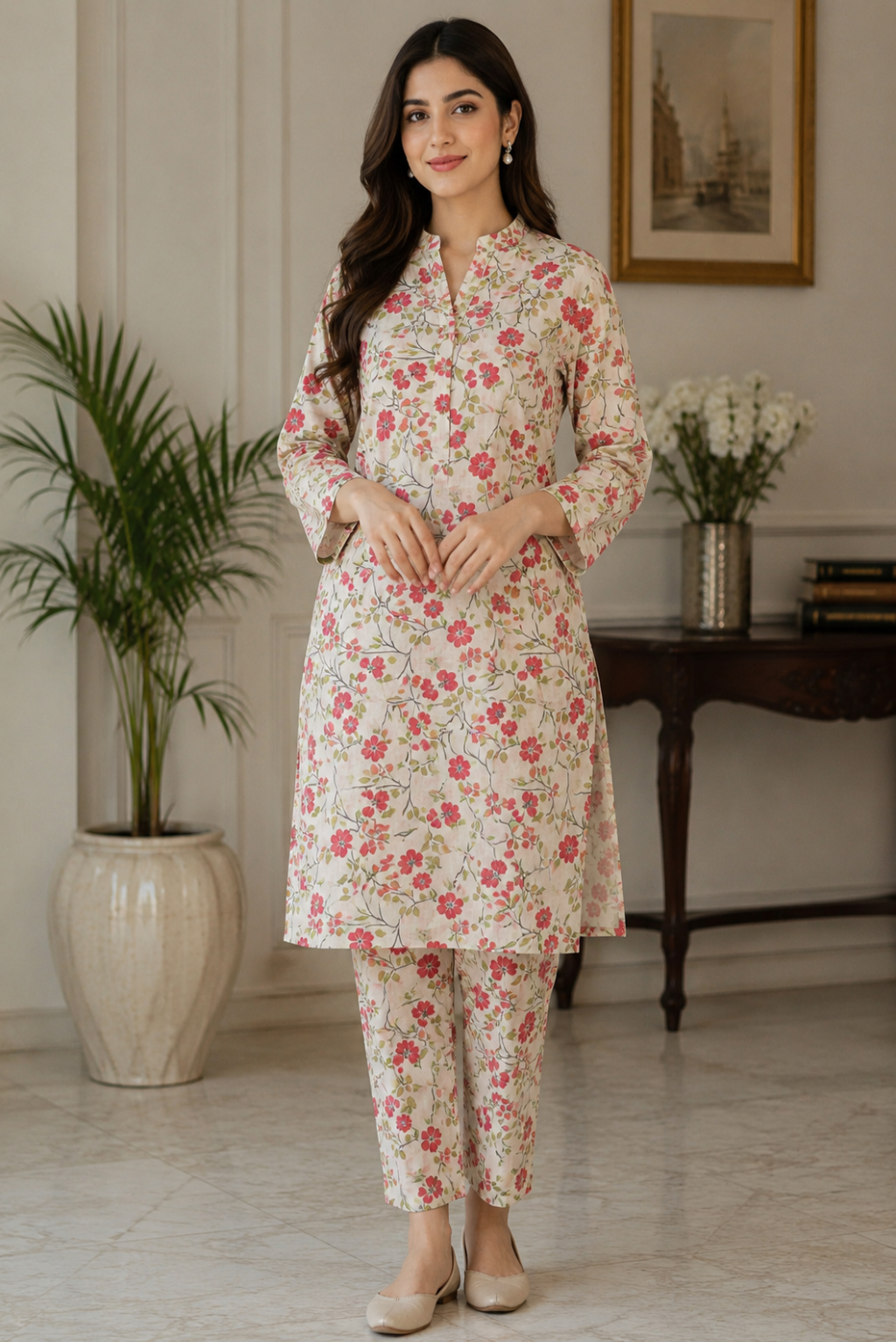 Unstitched ivory floral 2 piece premium lawn suit for women in Pakistan