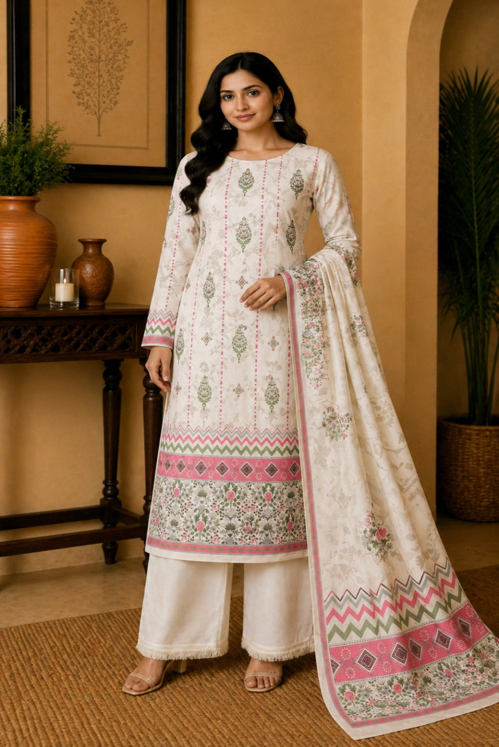 Unstitched ivory blossom premium 3 piece Pakistani lawn suit with floral printed shirt, trouser and dupatta