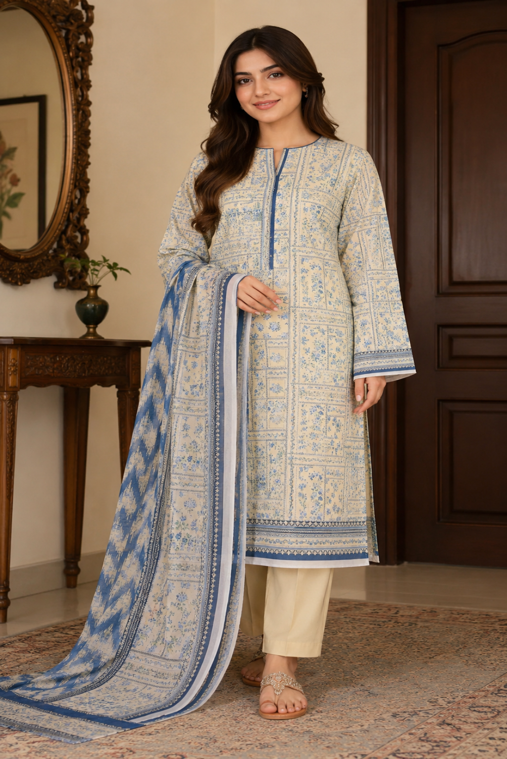 Unstitched ivory blue premium 3 piece Pakistani lawn suit with printed dupatta and floral design