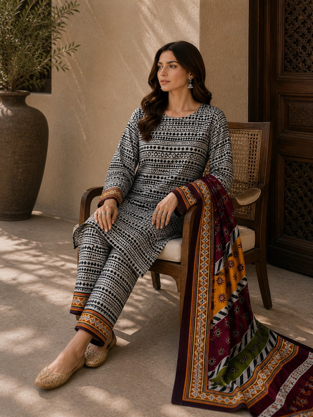 Unstitched ivory maroon premium 3 piece Pakistani lawn suit with tribal print shirt, matching trouser, and printed dupatta