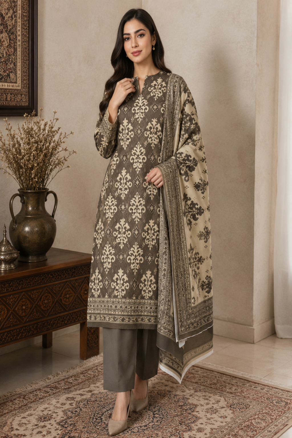 Woman wearing a traditional outfit with a patterned dupatta in an indoor setting.