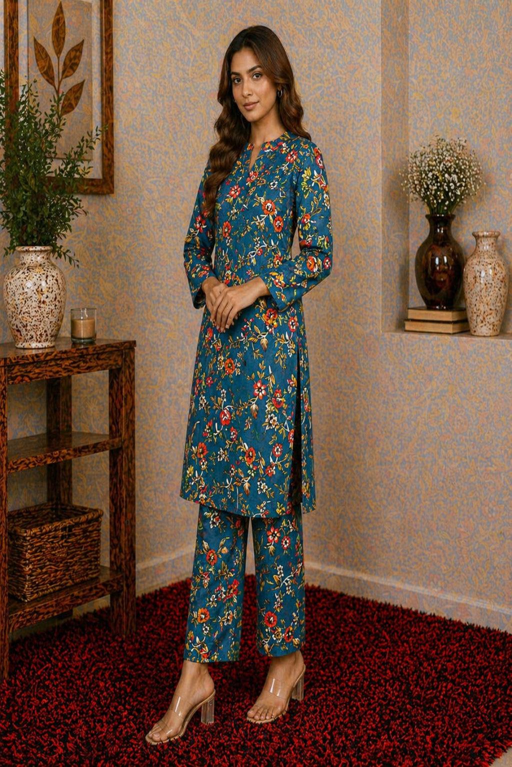 Unstitched blue floral 2 piece premium lawn suit for women with elegant printed shirt and matching trouser Pakistani summer fashion