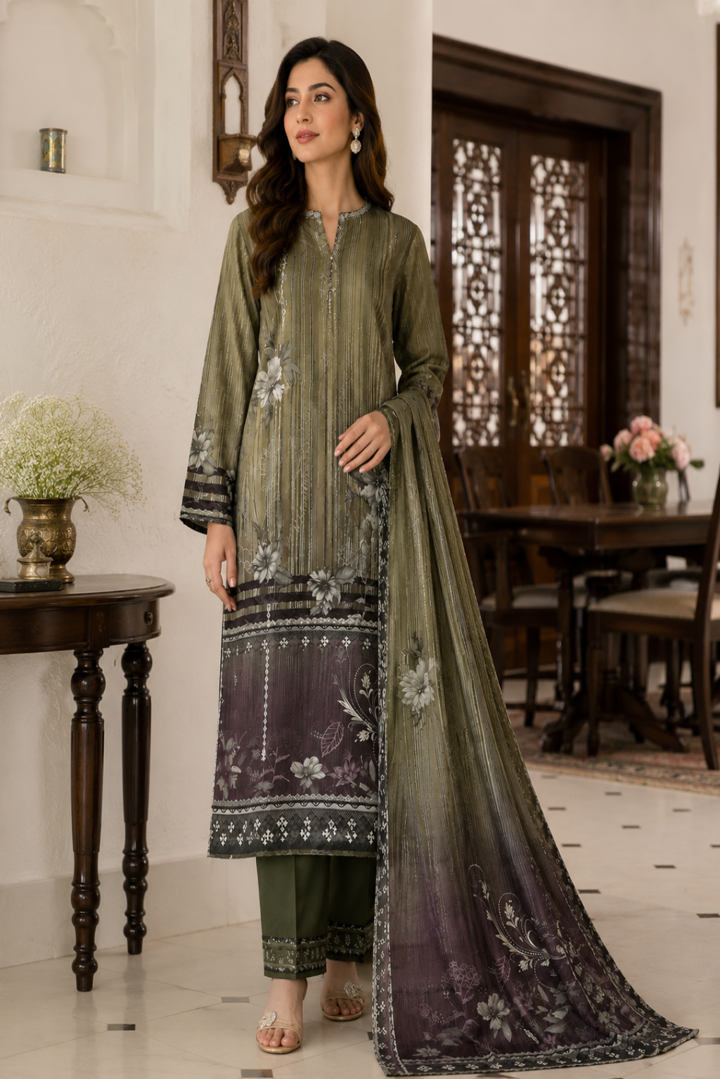 Unstitched olive green premium 3 piece lawn suit with floral printed shirt, matching trouser and elegant printed dupatta for women in Pakistan
