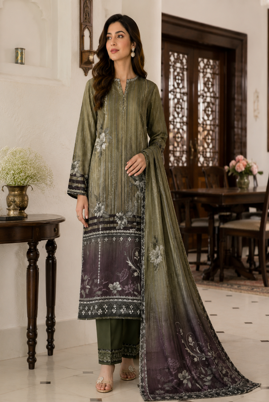 Unstitched olive green premium 3 piece lawn suit with floral printed shirt, matching trouser and elegant printed dupatta for women in Pakistan