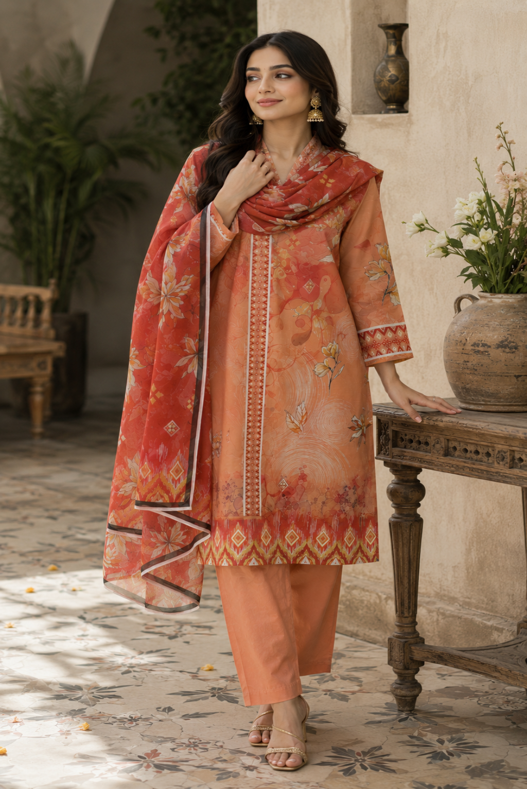 Woman in a traditional outfit standing in a decorative indoor setting.