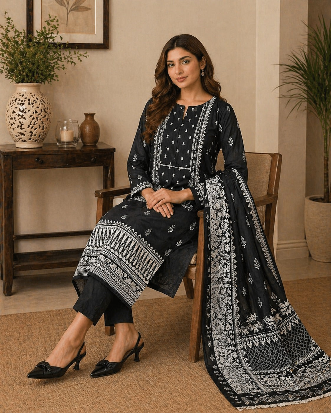 Modern women’s black premium lawn suit with printed shirt, trouser, and dupatta for summer wear in Pakistan
