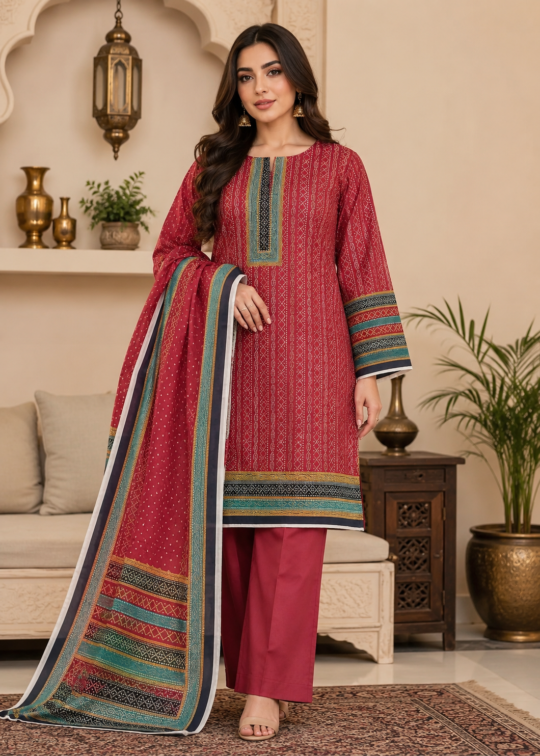 Elegant unstitched summer lawn suit for women in ruby and teal design