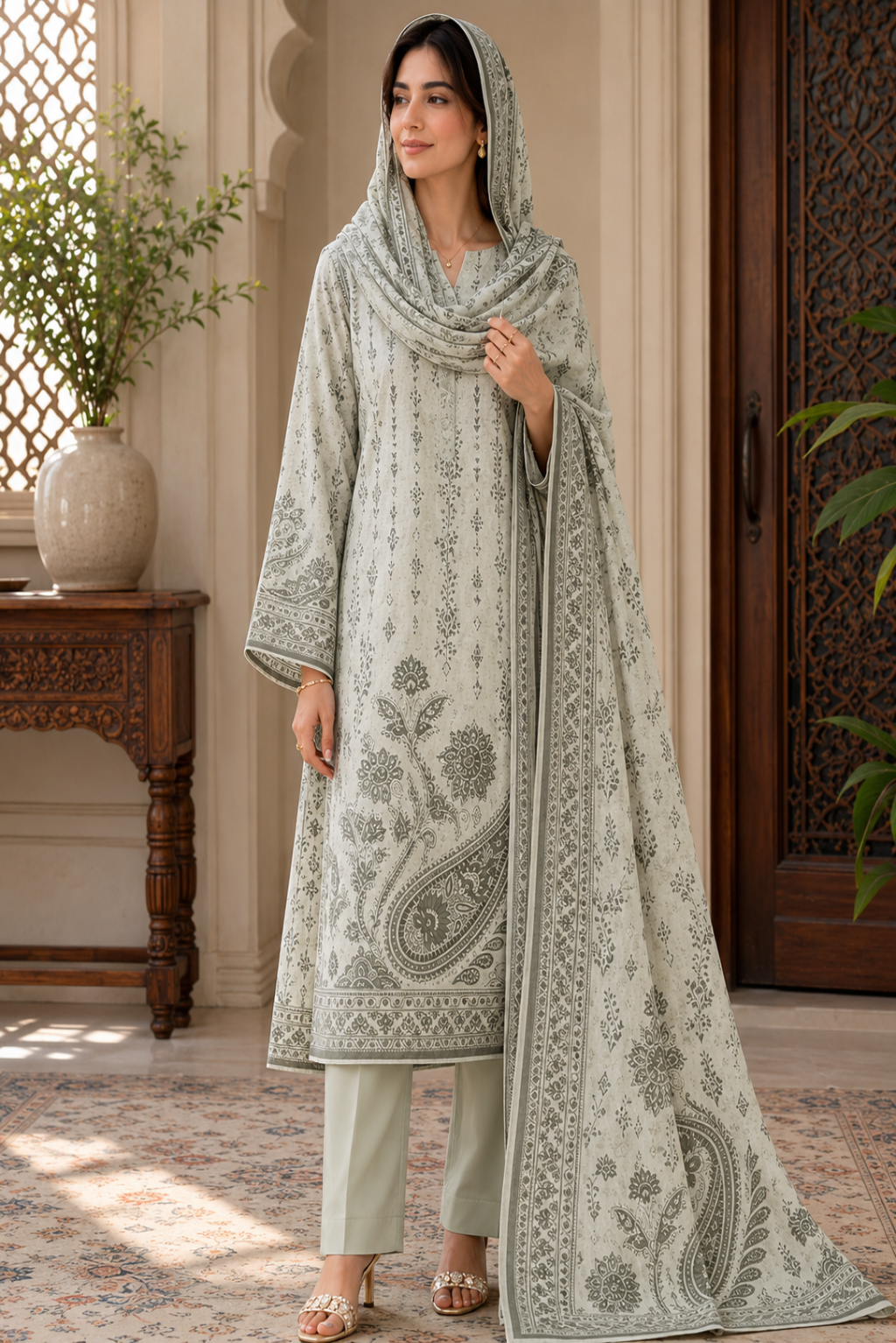Woman wearing a light green embroidered outfit in an elegant room.