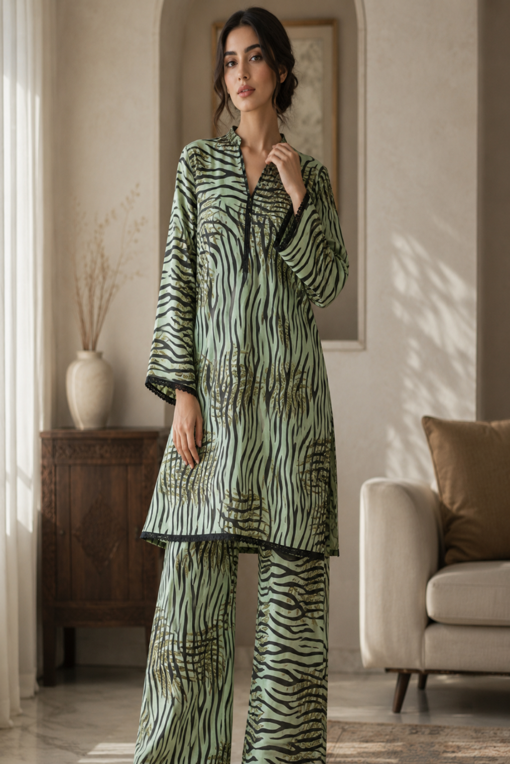 Woman wearing a green zebra print outfit in a living room setting