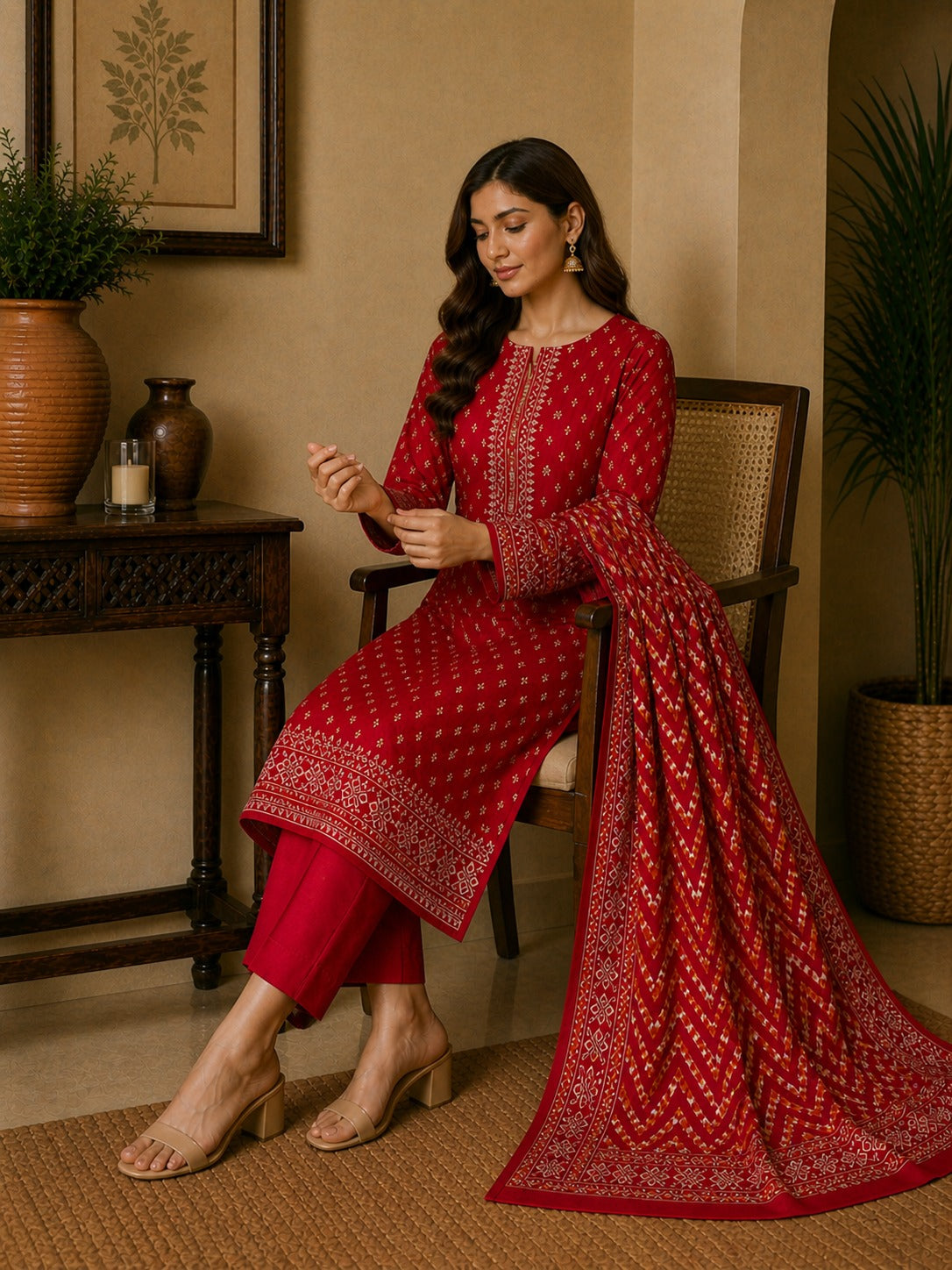 Women’s unstitched crimson lawn collection with stylish printed dupatta and premium quality lawn fabric in Pakistan