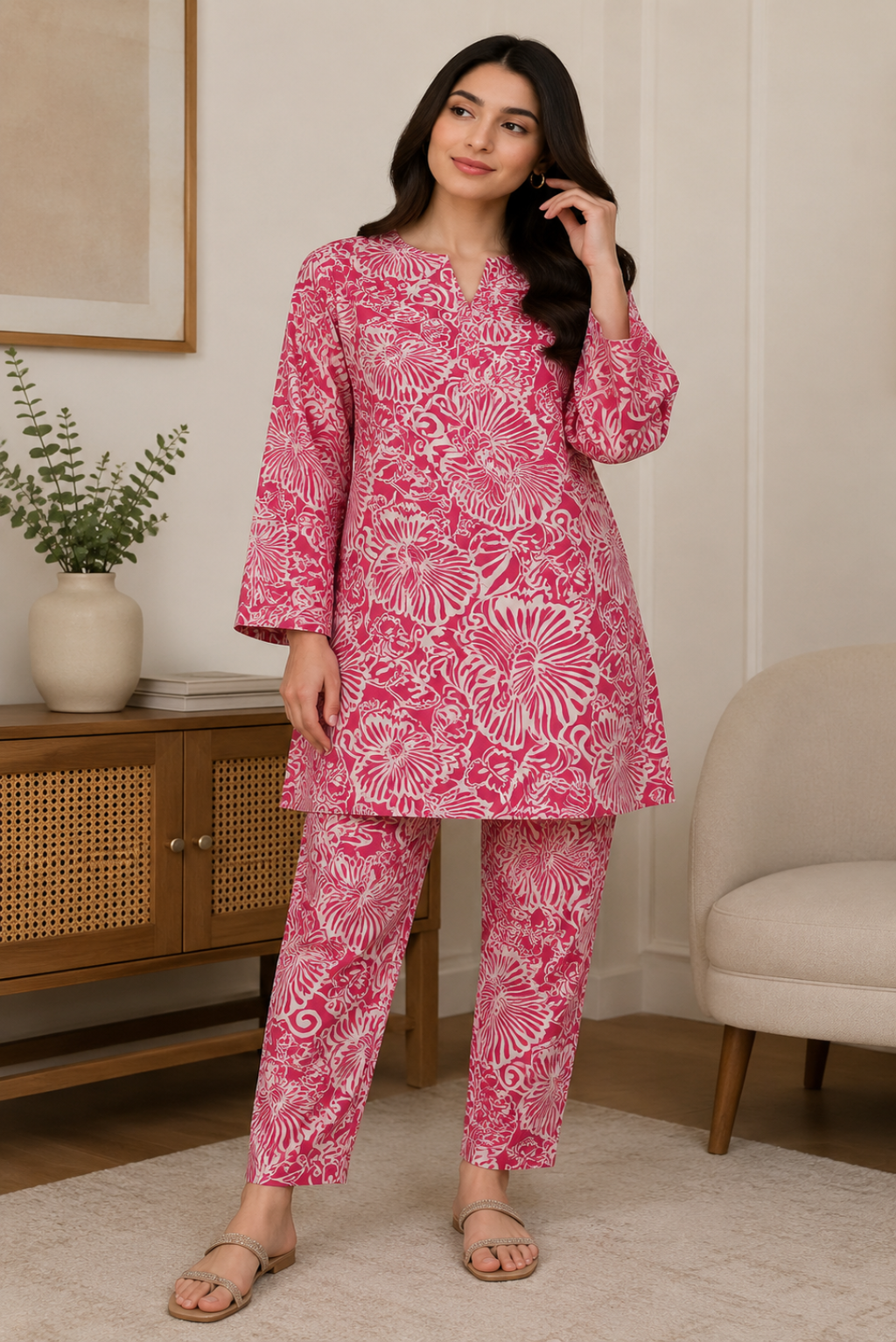 Stylish women’s unstitched 2 piece premium lawn suit in vibrant pink floral design for summer fashion