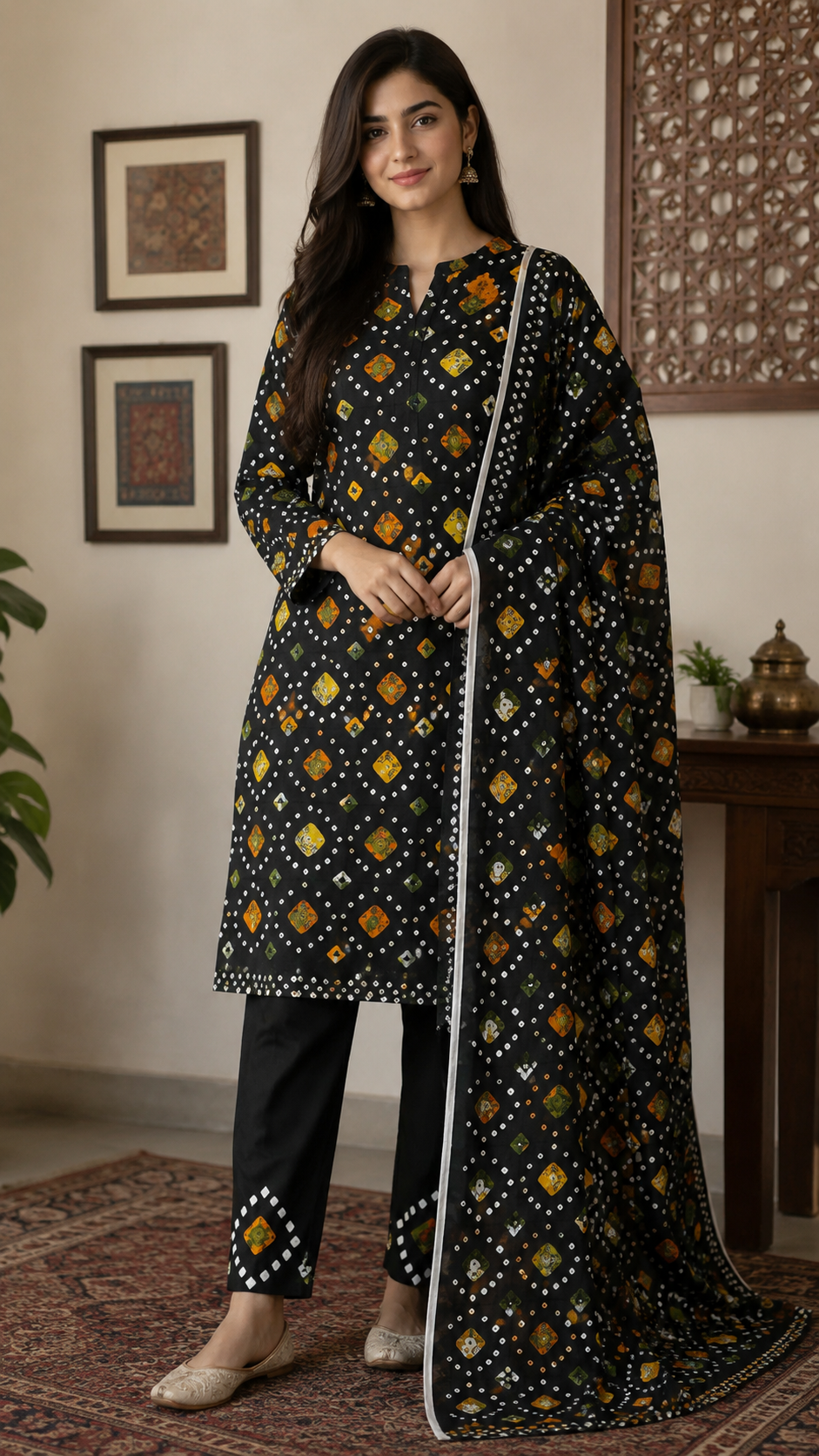 Women’s black printed unstitched 3 piece lawn dress with premium fabric and stylish summer dupatta collection Pakistan