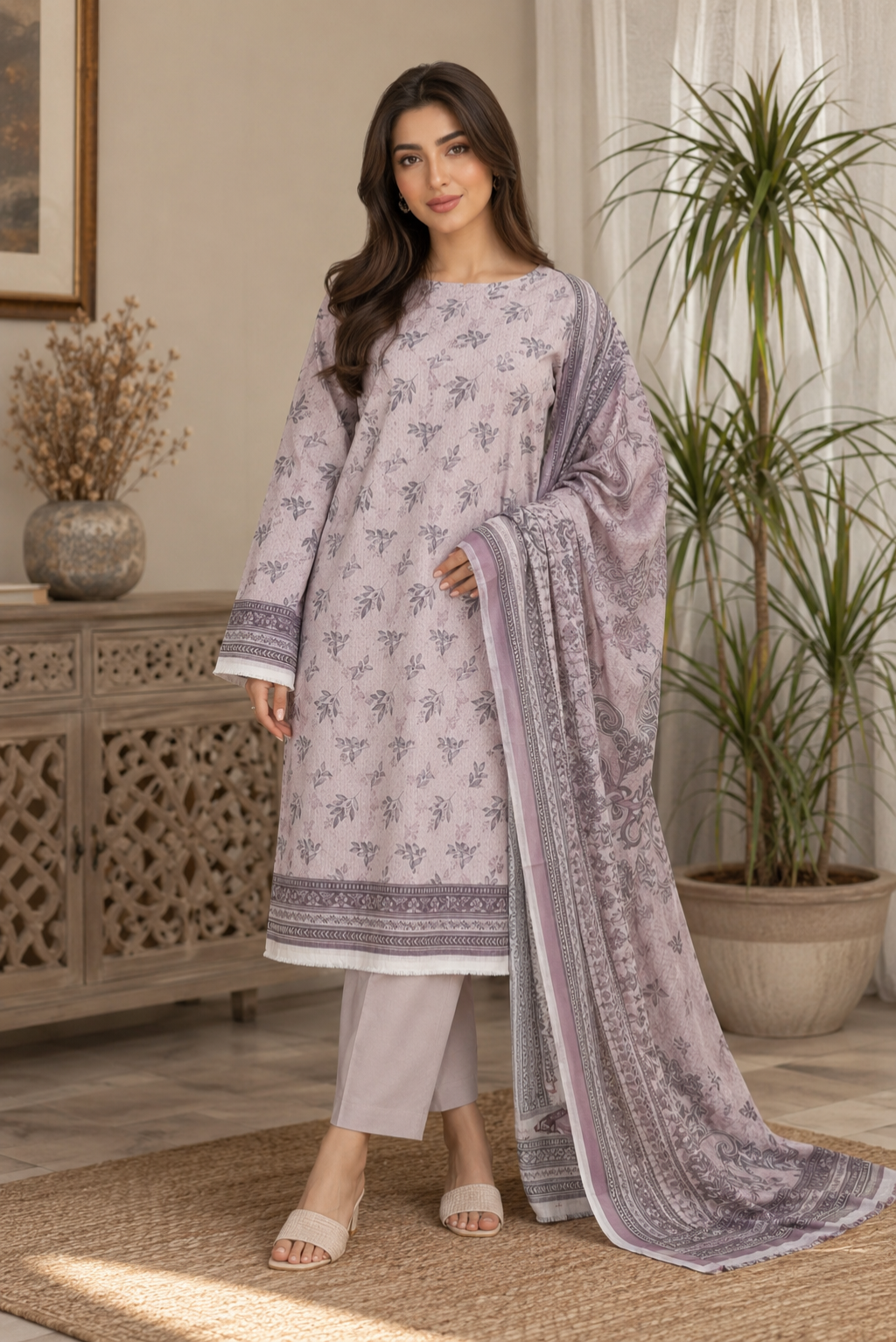 Woman in a light purple traditional outfit with a matching dupatta in a well-lit room.