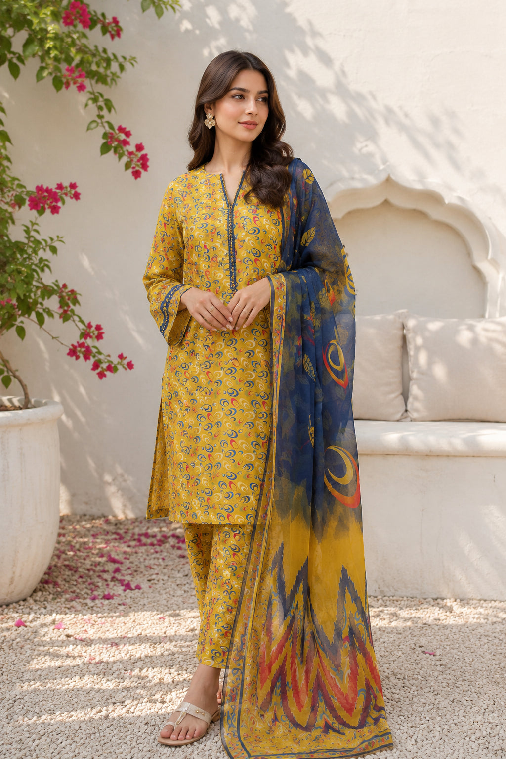 Women's mustard unstitched 3 piece premium lawn suit with stylish print and chiffon dupatta available online in Pakistan