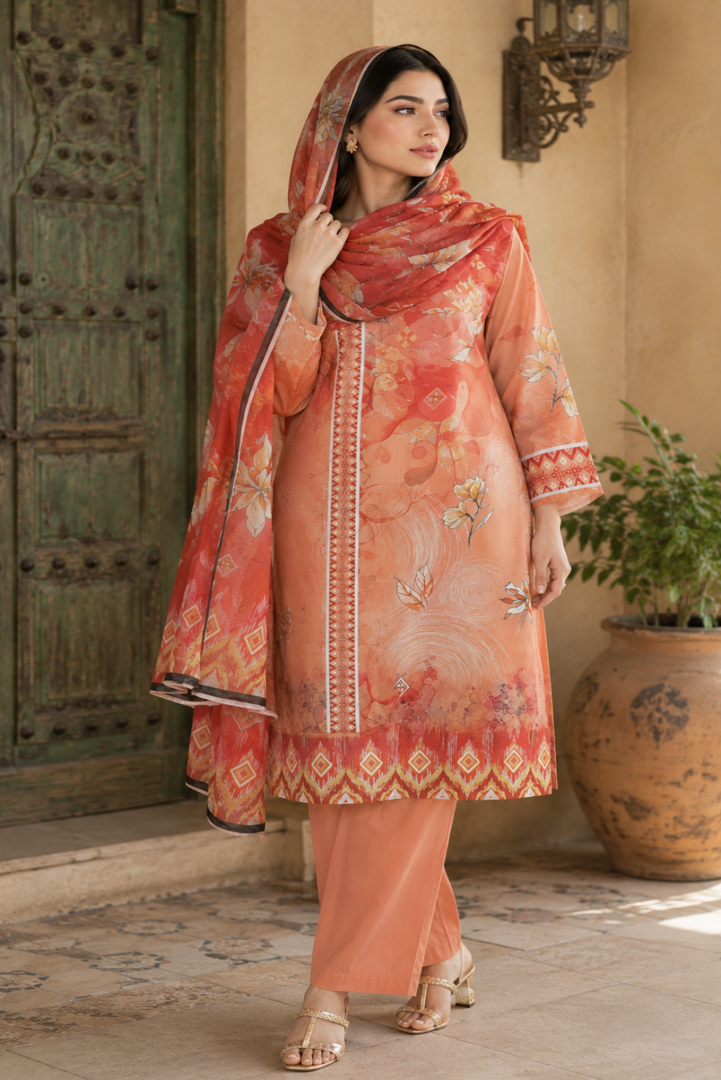 Woman wearing a traditional outfit with a floral pattern in an outdoor setting.
